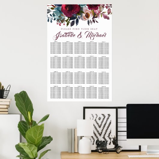 Donkerrode flora 20-tabel weddenschapenkaart poster (Thuiskantoor)