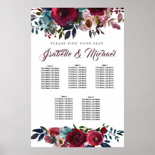 Donkerrode flora 5-tabel weduwenkaart poster (Voorkant)