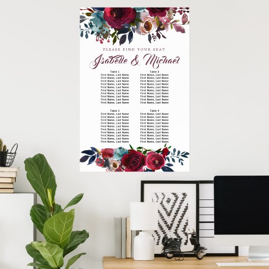 Donkerrode Floral met 4-tafel weduwenkaart Poster (Thuiskantoor)