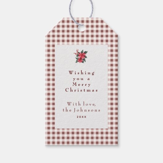 Donkerrode Gingham Plaid Custom Kerstmis Cadeaulabel (Voorkant)