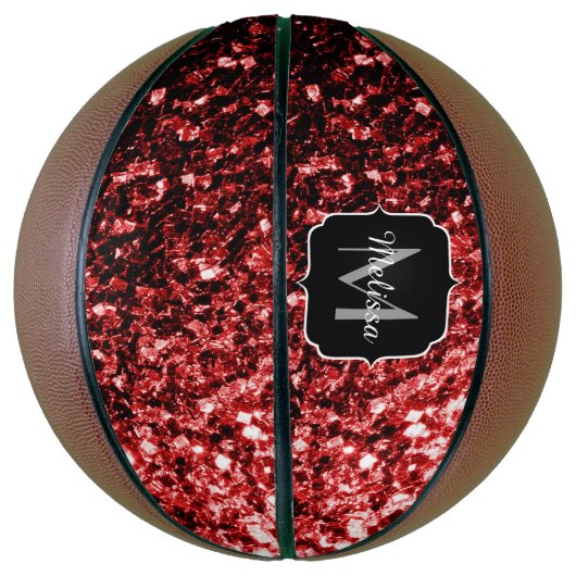 Donkerrode glitter sparkle bling Monogram naam Basketbal (Verticaal)