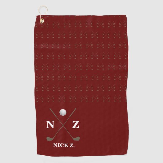 Donkerrode golfhanddoek met zijn naam & initialen (Voorkant)