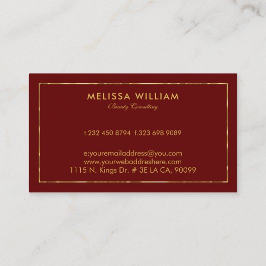 Donkerrode gouden rand en typografie visitekaartje (Achterkant)