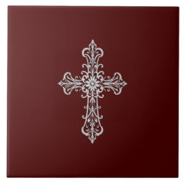 Donkerrode keramische Tegel met zilveren kruis Tegeltje