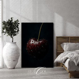 Donkerrode kers met dauwdruppels op zwart canvas afdruk