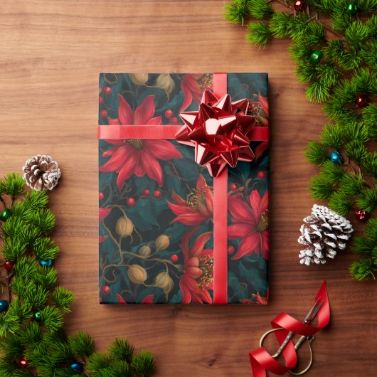 Donkerrode Kerst Florale Patroon Cadeaupapier (Feestdagen Geschenken)