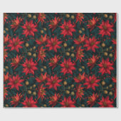 Donkerrode Kerst Florale Patroon Cadeaupapier (Vlak)