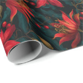 Donkerrode Kerst Florale Patroon Cadeaupapier (Rol Hoek)