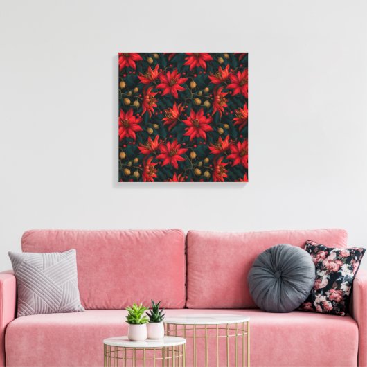 Donkerrode Kerst Florale Patroon Canvas Afdruk (Insitu (Woonkamer))