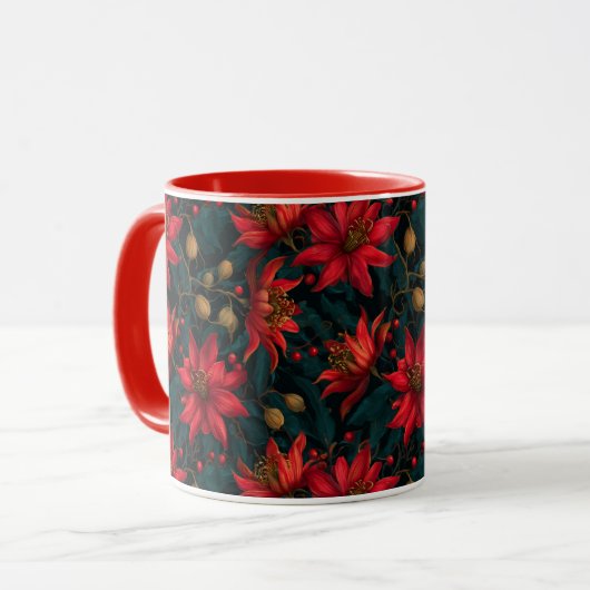 Donkerrode Kerst Florale Patroon Mok (Voorkant links)