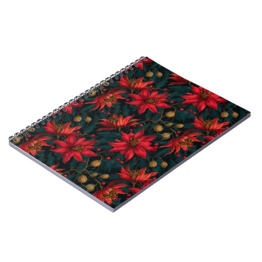 Donkerrode Kerst Florale Patroon Notitieboek (Linkerzijde)