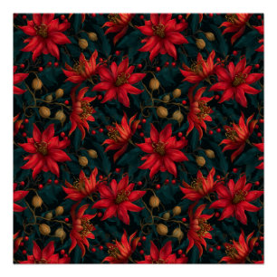 Donkerrode Kerst Florale Patroon Perfect Poster