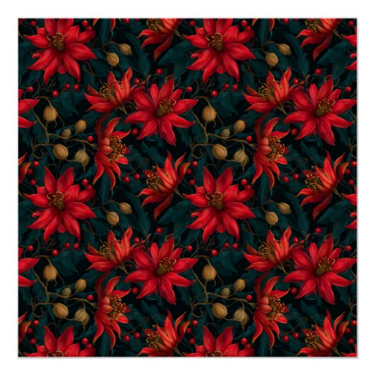 Donkerrode Kerst Florale Patroon Perfect Poster (Voorkant)