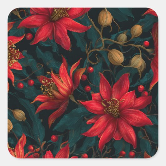 Donkerrode Kerst Florale Patroon Vierkante Sticker (Voorkant)