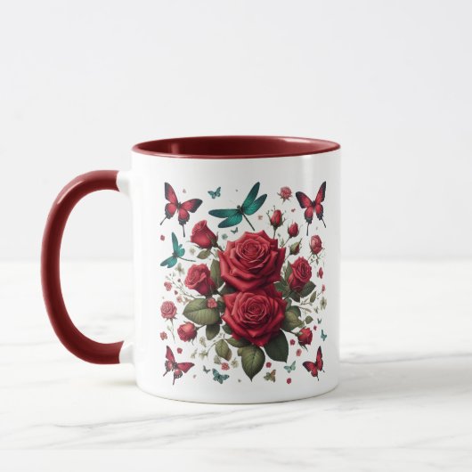 Donkerrode koffiemok met accenten mok (Links)