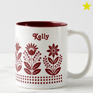 Donkerrode minimalistische folk art bloemige aange tweekleurige koffiemok