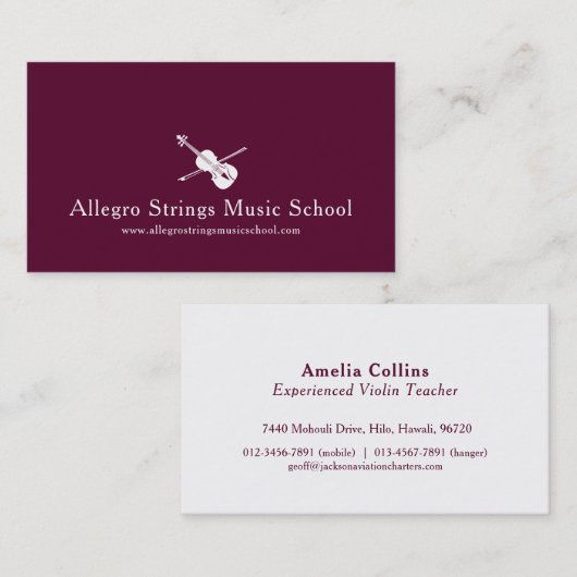 Donkerrode moderne vioolsnaren visitekaartje (Voorkant / Achterkant)