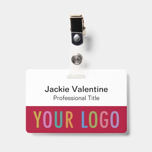 Donkerrode naam badge met logo clip lanyard of has (Voorzijde met clip)
