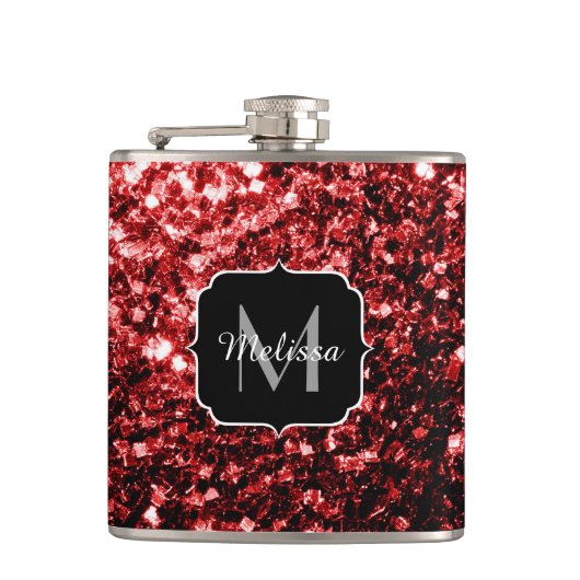 Donkerrode namaak glittersparels glamour monogram heupfles (Voorkant)