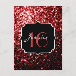 Donkerrode nep glitterspikkels glamour Sweet 16 Briefkaart
