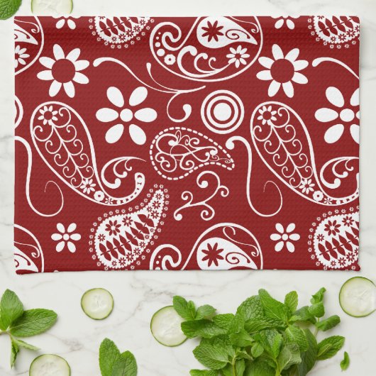 Donkerrode Paisley; Bloemen Theedoek (Gevouwen)