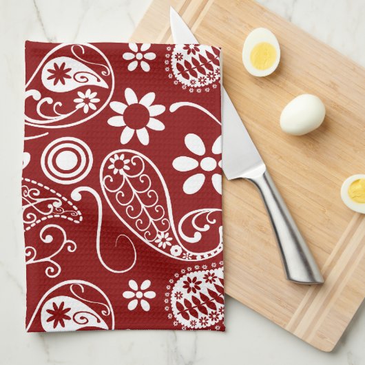 Donkerrode Paisley; Bloemen Theedoek (Quarter Fold)