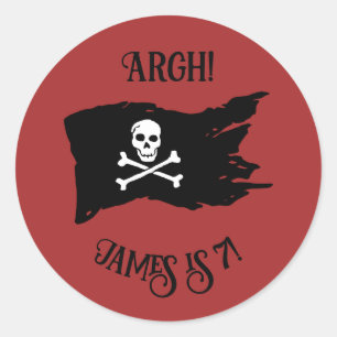 Donkerrode piratenvlag "Argh!" Verjaardagssticker Ronde Sticker