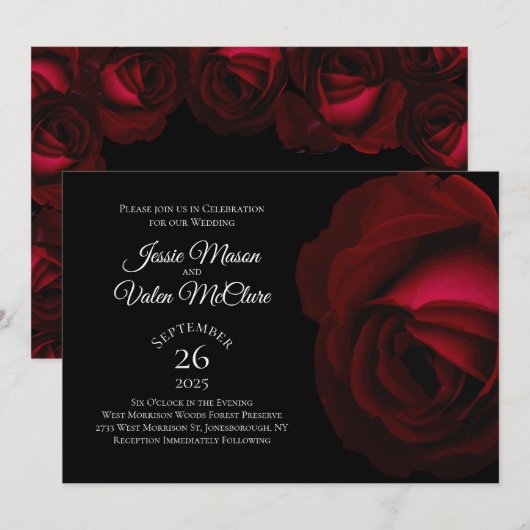 Donkerrode rode rozengothische legante bruiloft kaart (Voorkant / Achterkant)