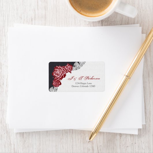 Donkerrode roos bruiloft retour adres label (Insitu)