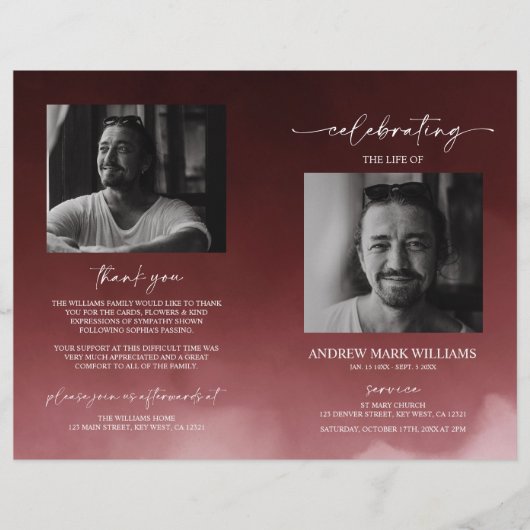 Donkerrode rouwmap met vouwprogramma (Voorkant)