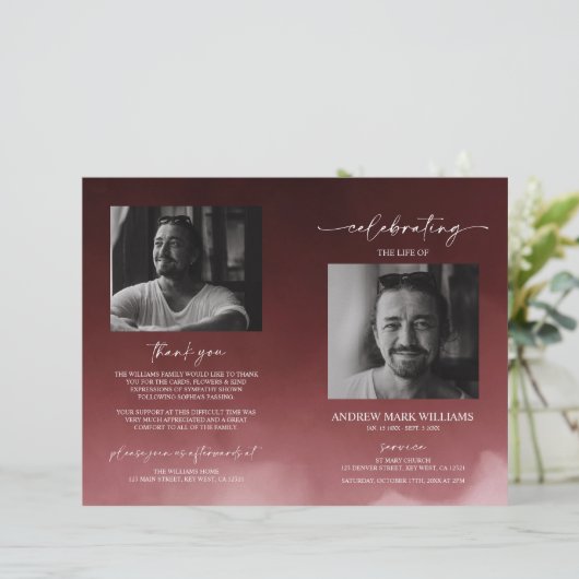 Donkerrode rouwmap met vouwprogramma (Staand voorkant)