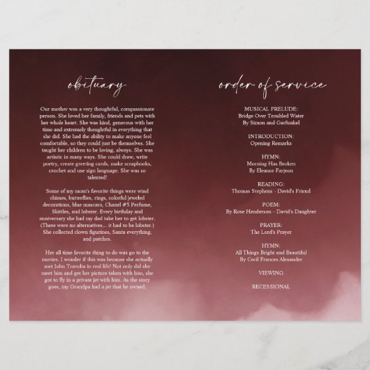 Donkerrode rouwmap met vouwprogramma (Achterkant)