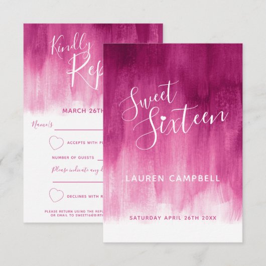 Donkerrode roze abstracte kunst, zoete 16 RSVP-kaa RSVP Kaartje (Voorkant / Achterkant)