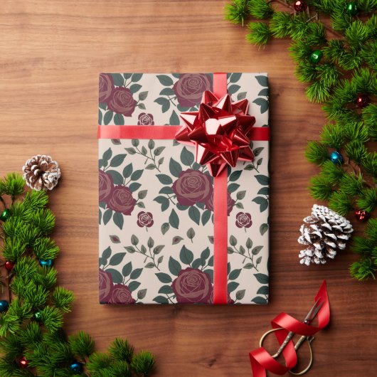 Donkerrode rozen met groene bladeren cadeaupapier (Feestdagen Geschenken)