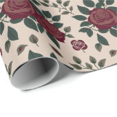 Donkerrode rozen met groene bladeren cadeaupapier (Rol Hoek)