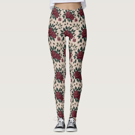 Donkerrode rozen met groene bladeren leggings (Voorkant)