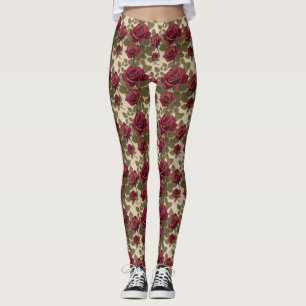 Donkerrode rozen met vervaagde groene bladeren leggings
