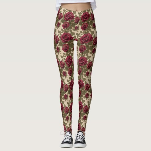 Donkerrode rozen met vervaagde groene bladeren leggings (Voorkant)