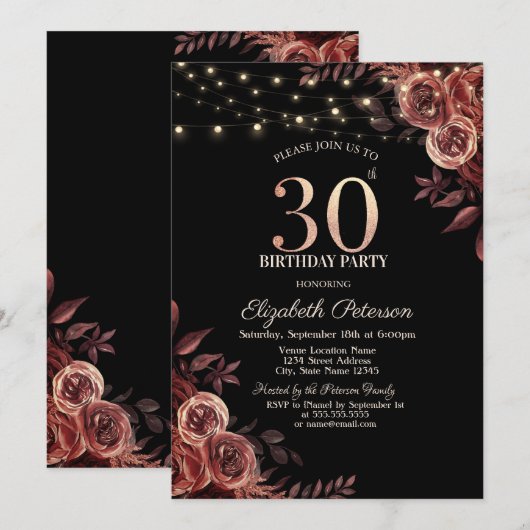 Donkerrode rozen, strijklichten zwart 30e verjaard kaart (Voorkant / Achterkant)