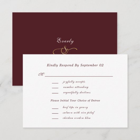 Donkerrode script menu selectie chic trouw RSVP (Voorkant / Achterkant)