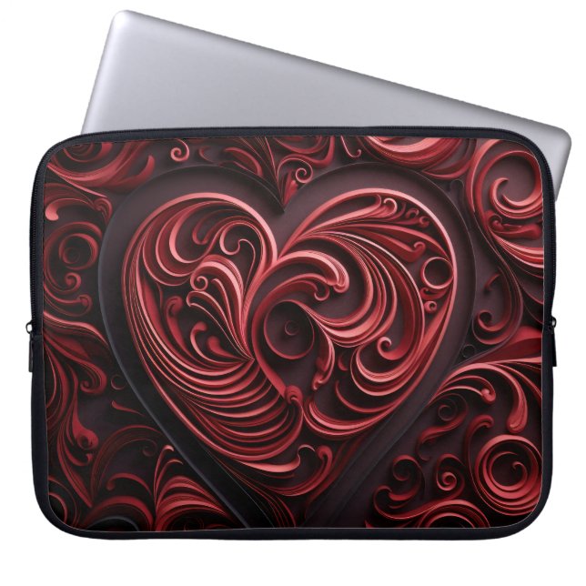 DONKERRODE SIERLIJKE VALENTIJNSHARTEN LAPTOP SLEEVE (Voorkant)