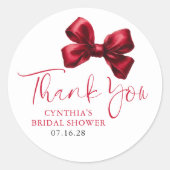 Donkerrode strik cadeautjes bruids douche dank je ronde sticker (Voorkant)