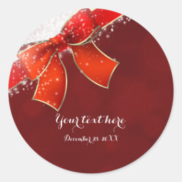 Donkerrode strik en glitters kerst cadeautje ronde sticker