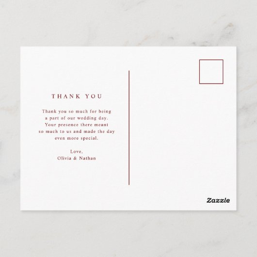 Donkerrode tekst en foto | Bruiloft dank u Briefkaart (Achterkant)