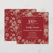 Donkerrode Toile Floral 100e Verjaardagsfeestje He Kaart (Voorkant / Achterkant)