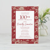 Donkerrode Toile Floral 100e Verjaardagsfeestje He Kaart (Staand voorkant)