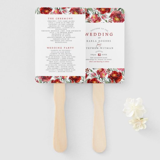 Donkerrode tuinbloemen handwaaier (Voorkant en achterkant)