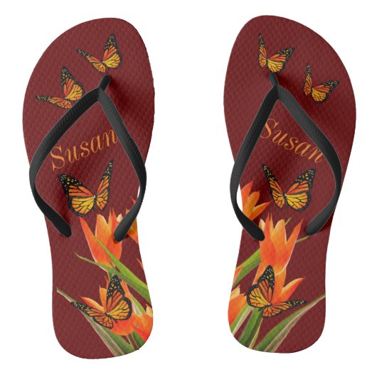 Donkerrode vlinders paar teenslippers (Voetbed)