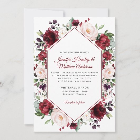 Donkerrode Waterverf Bloemen Lijst Winterbruiloft Kaart (Voorkant)