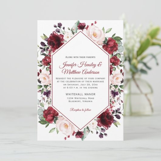 Donkerrode Waterverf Bloemen Lijst Winterbruiloft Kaart (Staand voorkant)